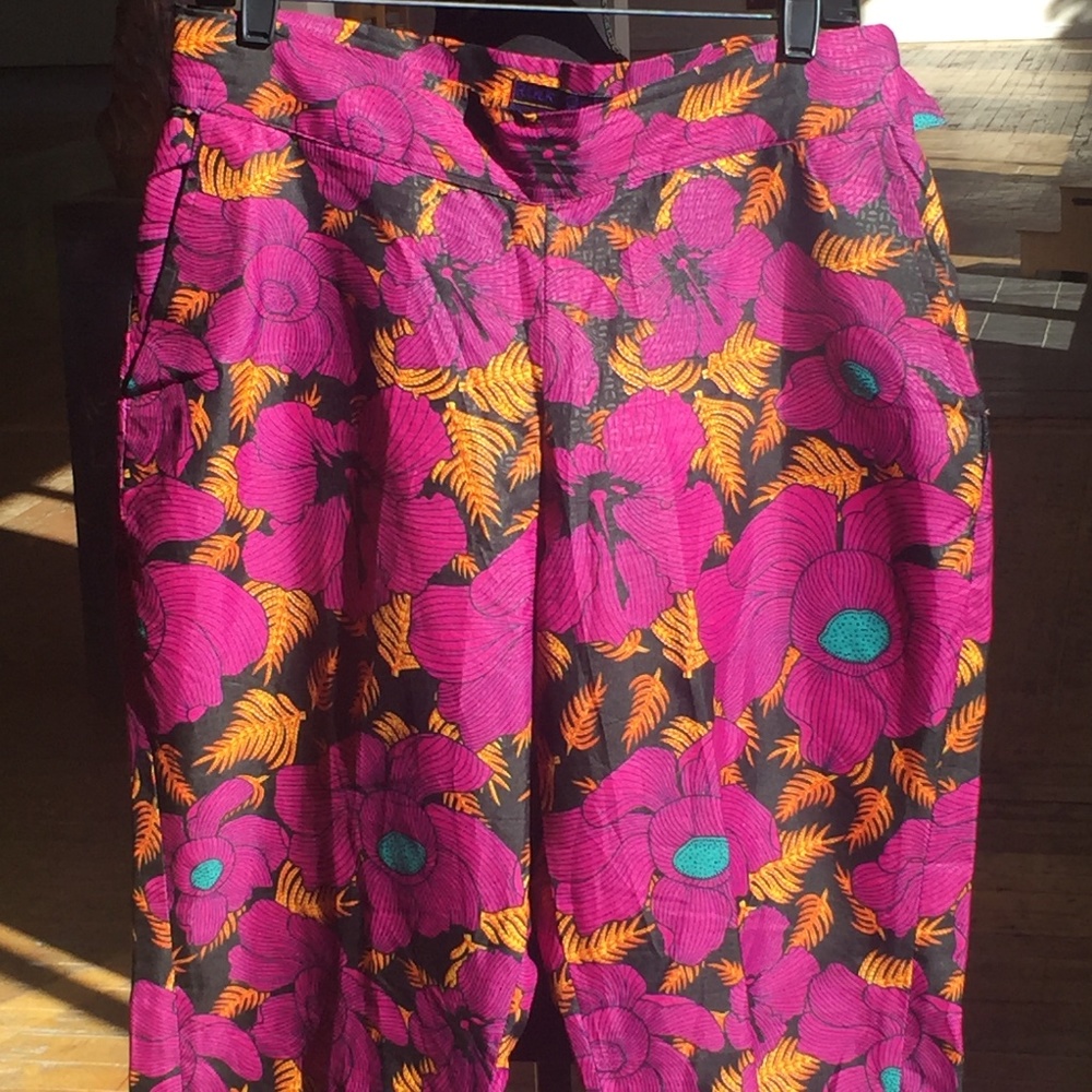 Purple/Black/Green/Orange/White handmade Abstract Floral Print Pants - Picture 4 of 5